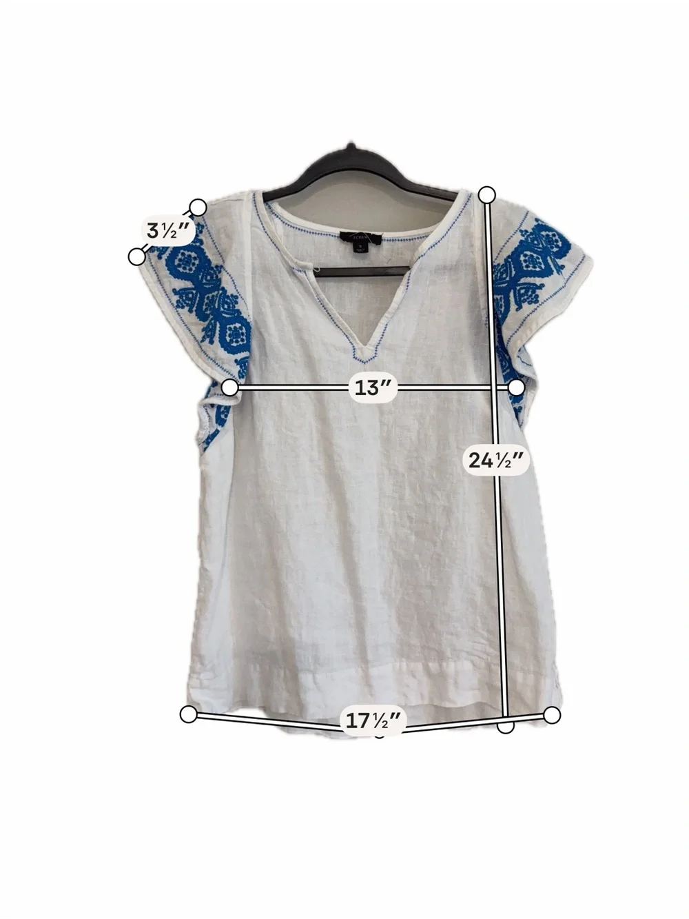 White Linen Blend Flutter Sleeve Top with Blue Embroidery J. Crew 100% linen sma